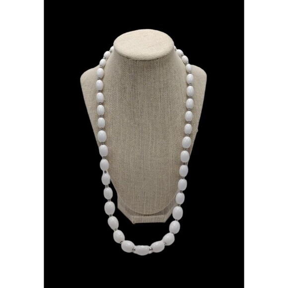 Vintage Monet White Lucite Beaded Necklace Silver Tone Spacers Signed 27" - Picture 1 of 6